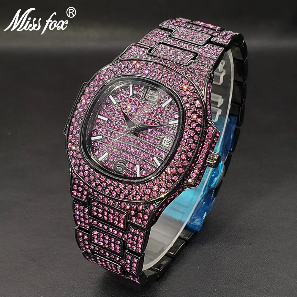 Pink diamond hip hop men's wristwatch by Lamp Post featuring shiny gems, luxury design, and a fashionable ice out style.