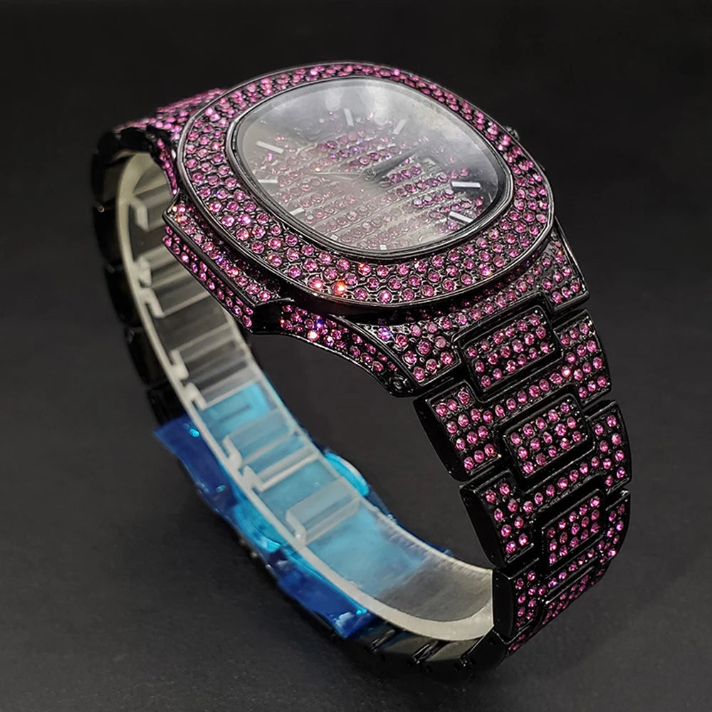 Pink diamond hip hop men's watch by Lamp Post featuring shiny gemstones, stylish wristwatch, luxurious jewelry, perfect for trendy fashion.