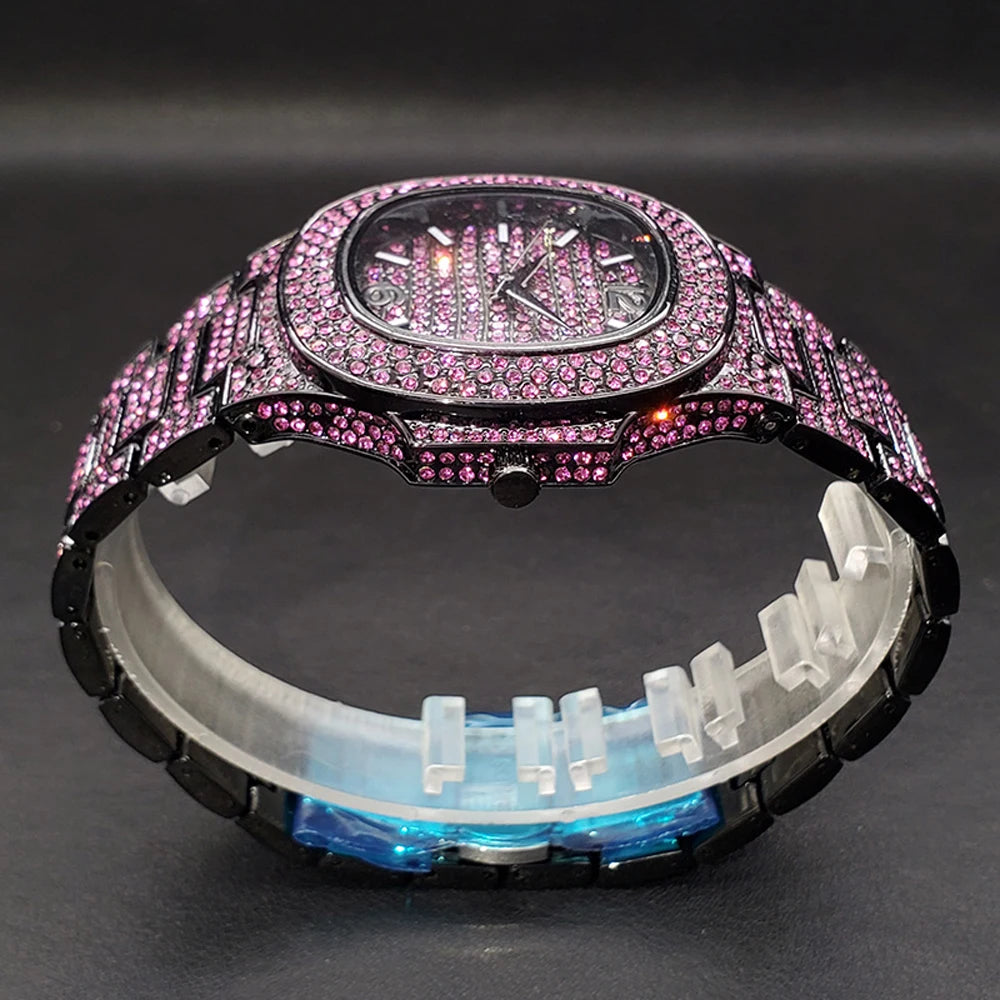 Pink diamond hip hop men's wristwatch by Lamp Post featuring shiny gems, luxury design, and trendy jewelry for stylish parties.
