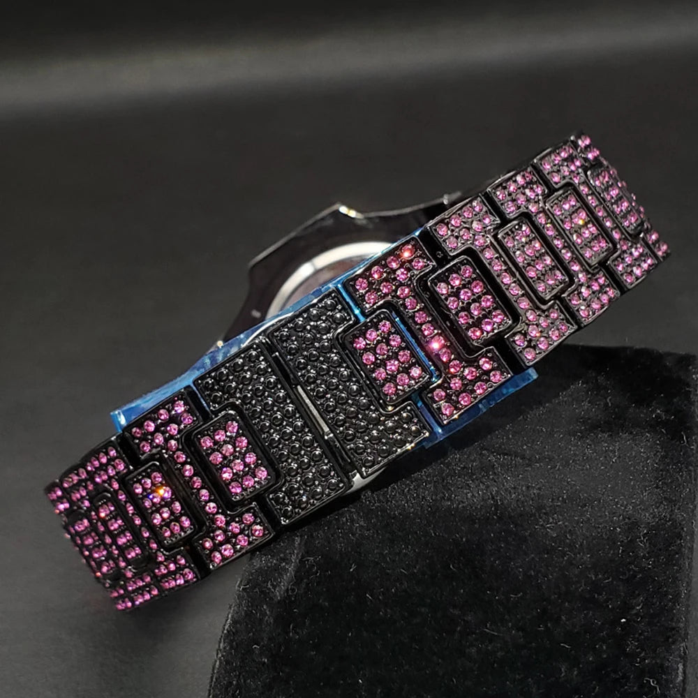 Pink diamond hip hop men's watch by Lamp Post featuring shiny gems, stylish design, and luxury wristwatch for trendy party jewelry.