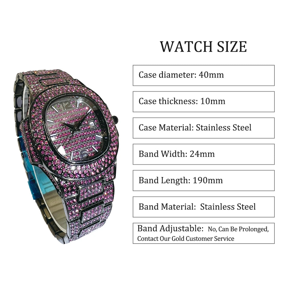 Pink diamond hip hop men's wristwatch by Lamp Post featuring shiny gems, luxury design, and trendy fashion appeal.