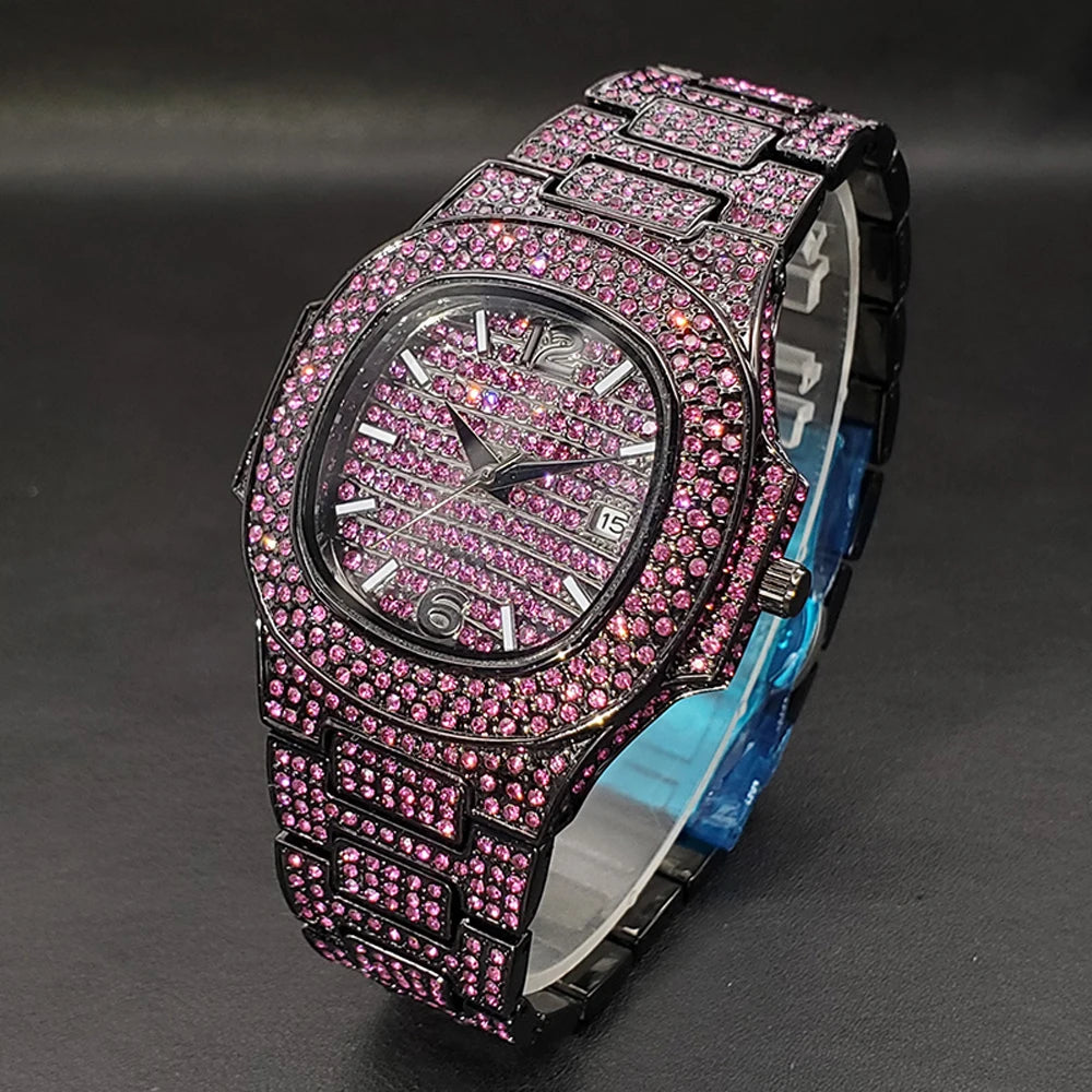 Pink diamond hip-hop men's wristwatch by Lamp Post featuring shiny gems, luxury design, and trendy jewelry style for fashion and parties.