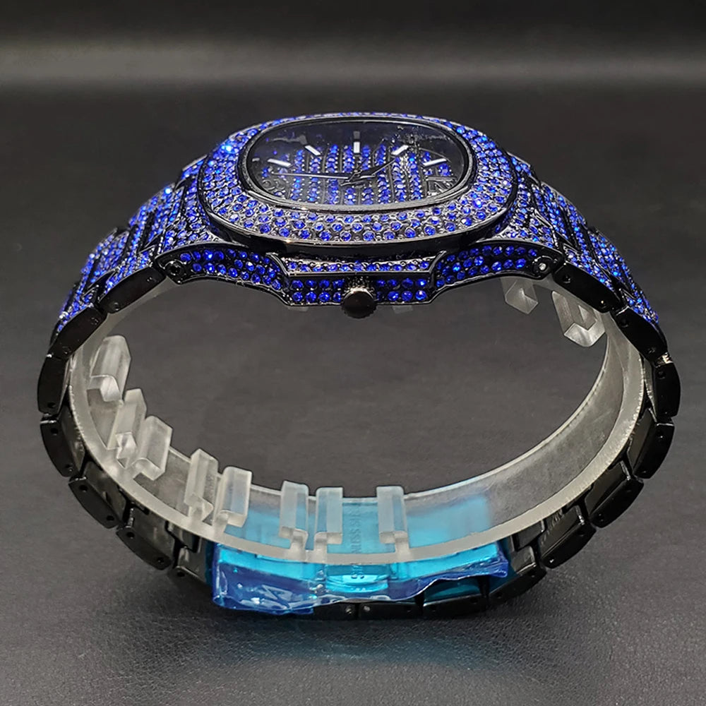 Pink diamond hip hop men's watch by Lamp Post with shiny gems, luxury design, and fashionable wristwatch for parties and trendy jewelry.