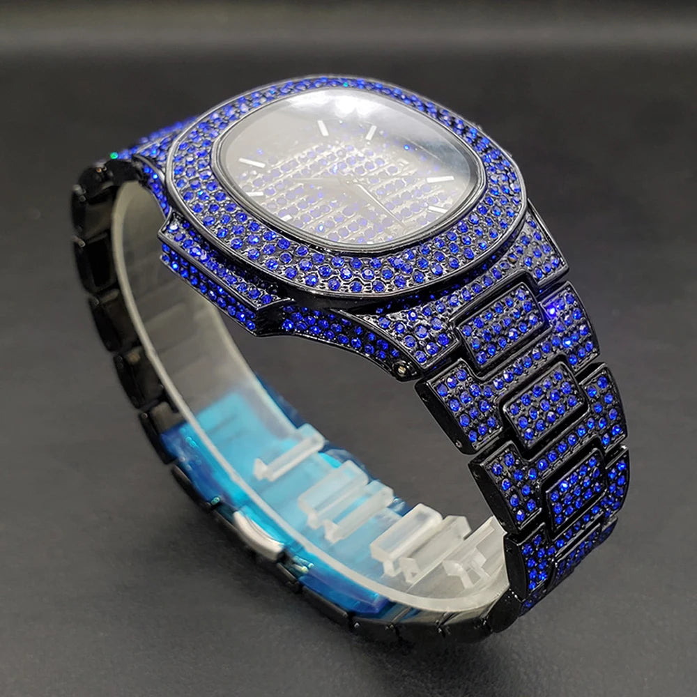 Pink diamond hip hop men's wristwatch by Lamp Post featuring shiny gems, luxury design, and trendy jewelry for fashion-forward style.