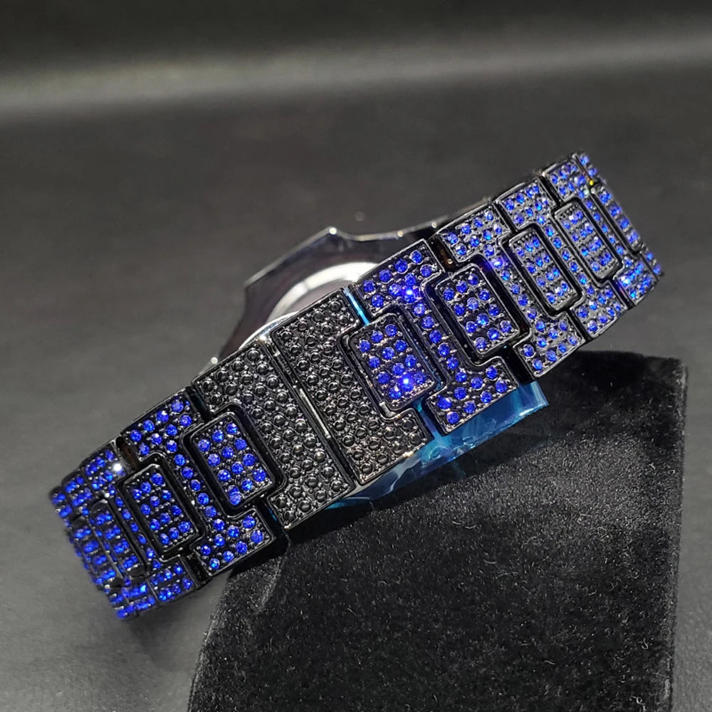 Pink diamond hip hop men's wristwatch by Lamp Post featuring shiny gems, luxurious design, and trendy jewelry for fashion and parties.