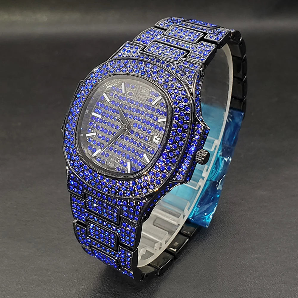 Pink diamond hip hop men's wristwatch by Lamp Post featuring shiny gems, luxury design, and trendy fashion for parties and jewelry.