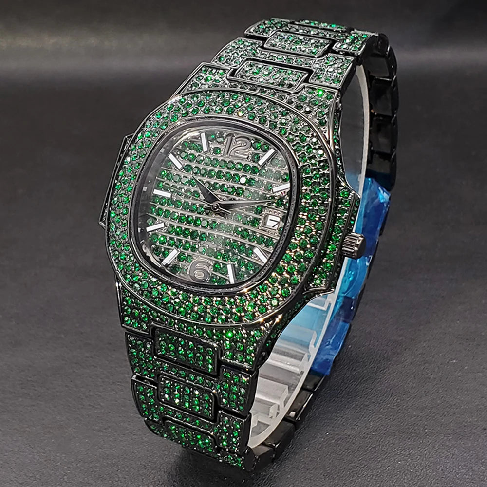 Pink Diamond Hip Hop Watch for Men by Lamp Post, shiny gemstone wristwatch with luxurious design, perfect for fashion and parties.