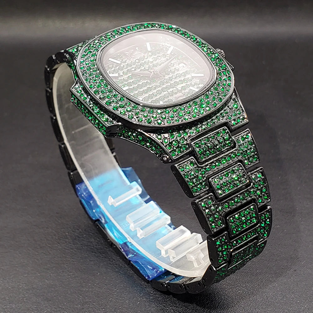 Pink diamond hip hop men's wristwatch by Lamp Post featuring shiny gemstones, luxury design, and trendy jewelry style.