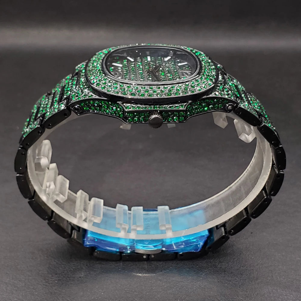 Pink diamond hip hop men's wristwatch by Lamp Post featuring shiny gems, luxury design, and trendy jewelry for fashionable parties.