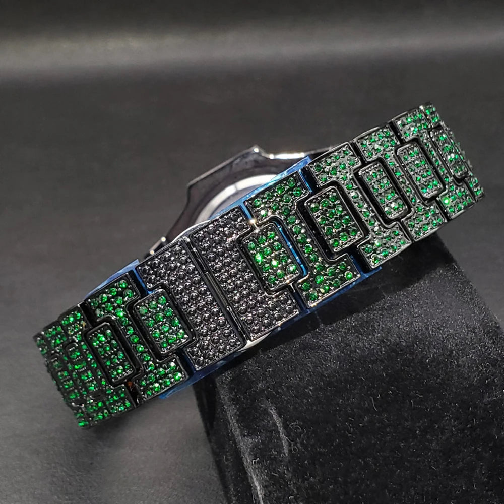 Pink diamond hip hop men's watch by Lamp Post featuring shiny gems, luxury design, and fashionable accessories for party and trendy wear.
