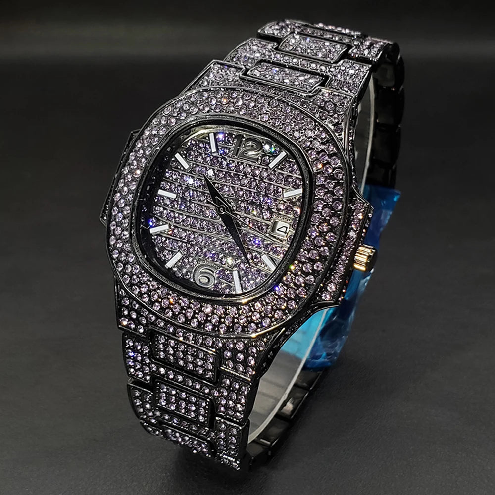Pink diamond hip hop men's wristwatch by Lamp Post featuring shiny gems, luxury design, and trendy jewelry for fashion and parties.