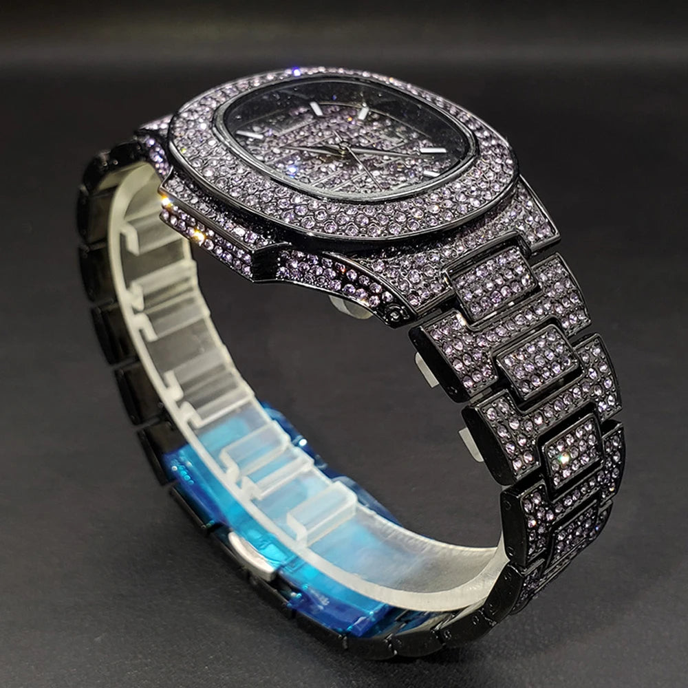 Pink Diamond Hip Hop Watch for Men by Lamp Post featuring shiny gems, luxury design, and trendy style ideal for fashion and parties.