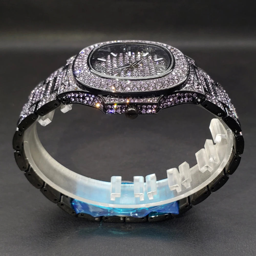 Pink diamond hip hop men's watch by Lamp Post featuring a shiny luxury design, fashionable ice-out jewelry wristwatch for trendy parties.