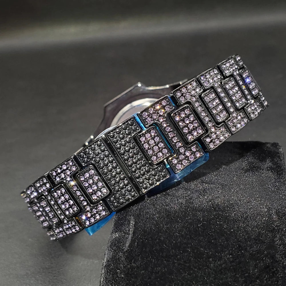 Pink Diamond Hip Hop Watch for Men by Lamp Post featuring shiny gems, luxury design, and trendy jewelry style.