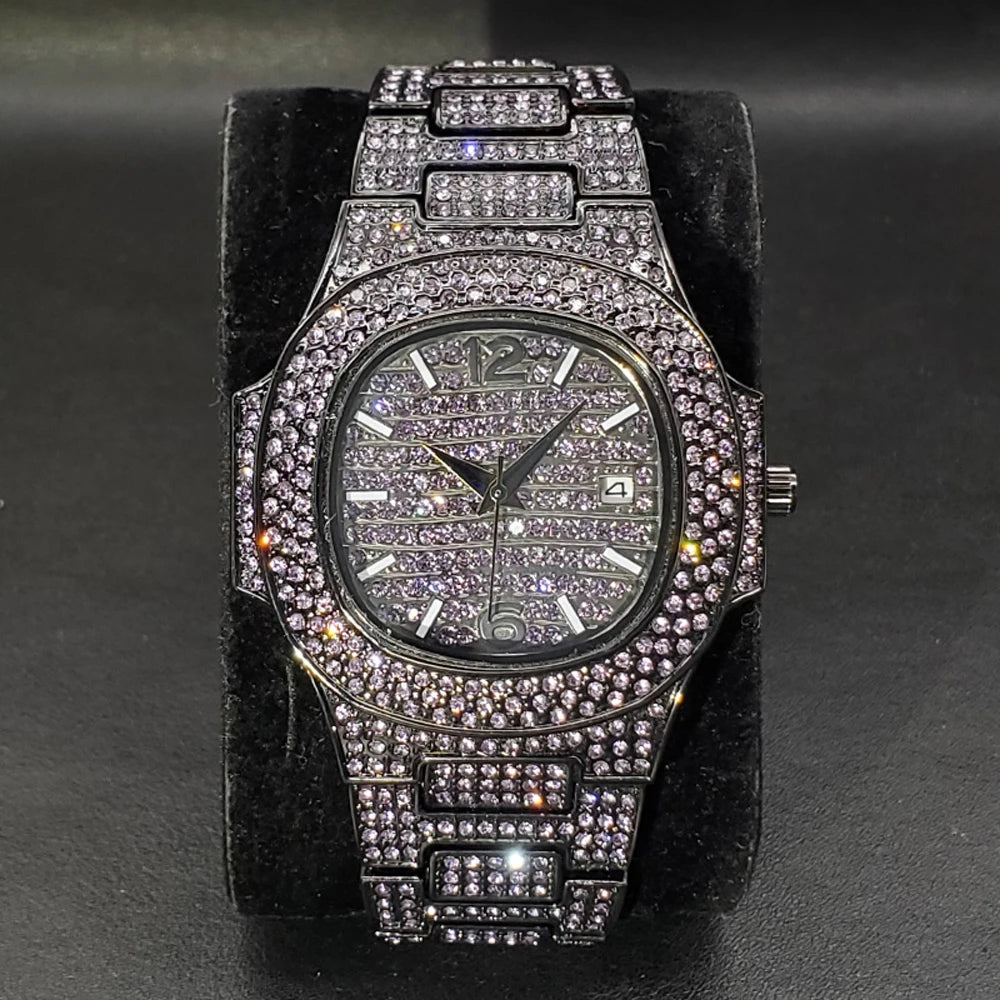 Pink diamond hip hop men's watch by Lamp Post featuring shiny gemstones, luxury design, and trendy jewelry style.