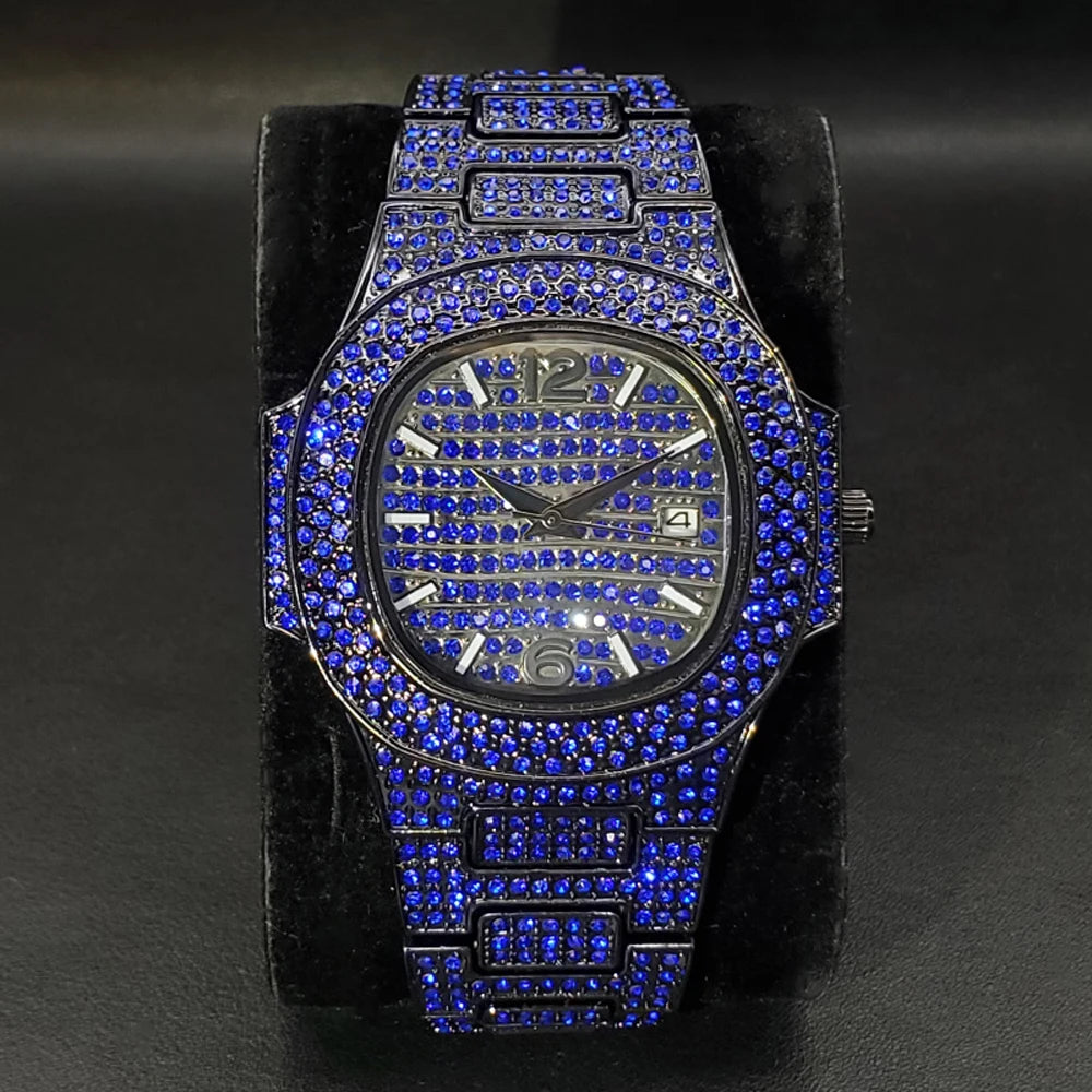 Pink diamond hip hop men's watch by Lamp Post featuring shiny gems, luxury design, and fashionable wristwatch for trendy jewelry looks.