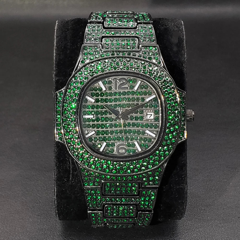 Pink diamond hip hop men's wristwatch by Lamp Post featuring shiny gems, luxury design, fashionable style, perfect for parties and gifts.