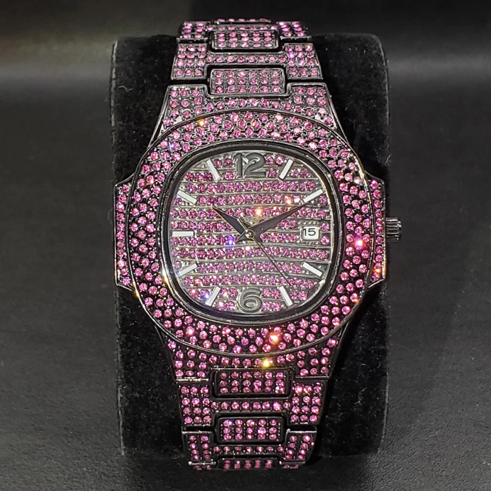 Men's pink diamond hip hop watch by Lamp Post featuring shiny gemstones, luxury style, and trendy wristwatch design.