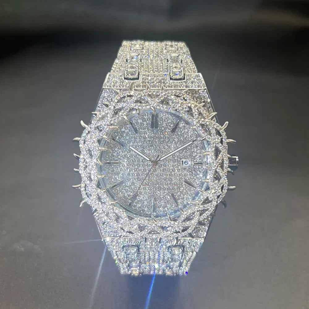 Silver iced diamond men's wristwatch by Lamp Post featuring a luxury thorn crown design and quartz movement for fashion and hip-hop style.