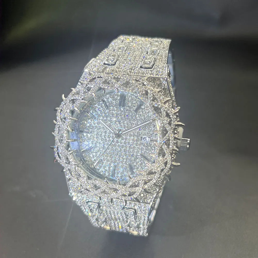 Silver iced diamond men's wristwatch by Lamp Post with thorn crown design, luxury quartz movement, and fashionable hip-hop style.