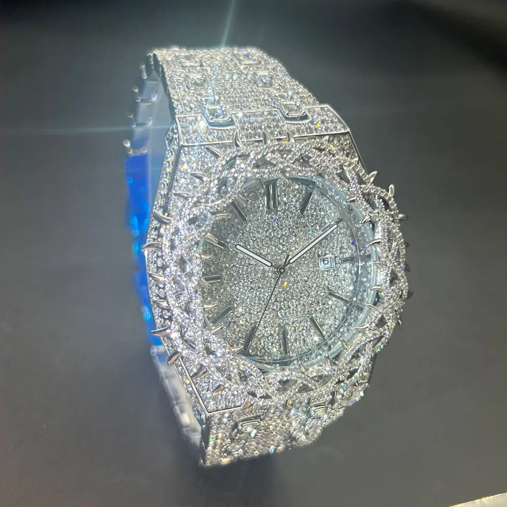 Lamp Post men's iced diamond wristwatch with silver finish, luxury thorn crown design, quartz movement, stylish for hip-hop fashion.