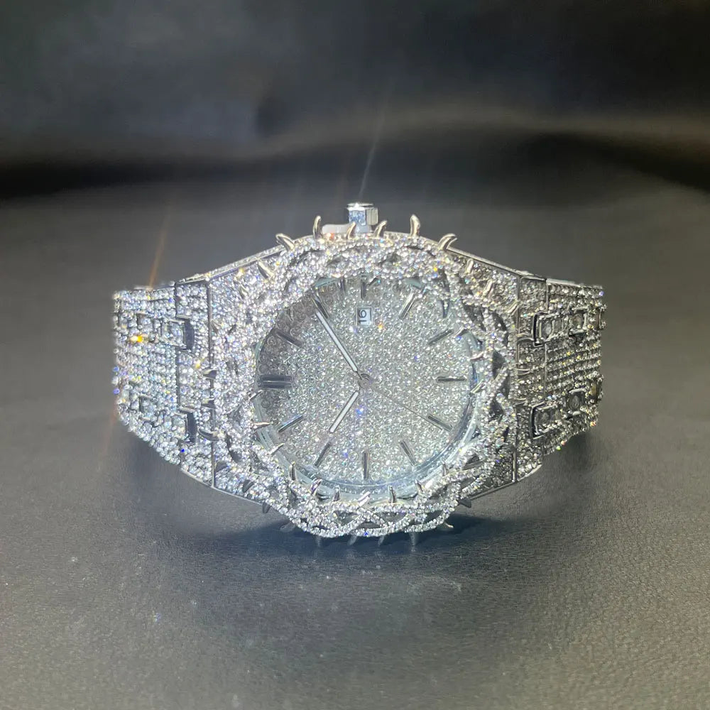 Silver Iced Diamond men's wristwatch by Lamp Post with thorn crown design, luxury quartz movement, and hip-hop style.