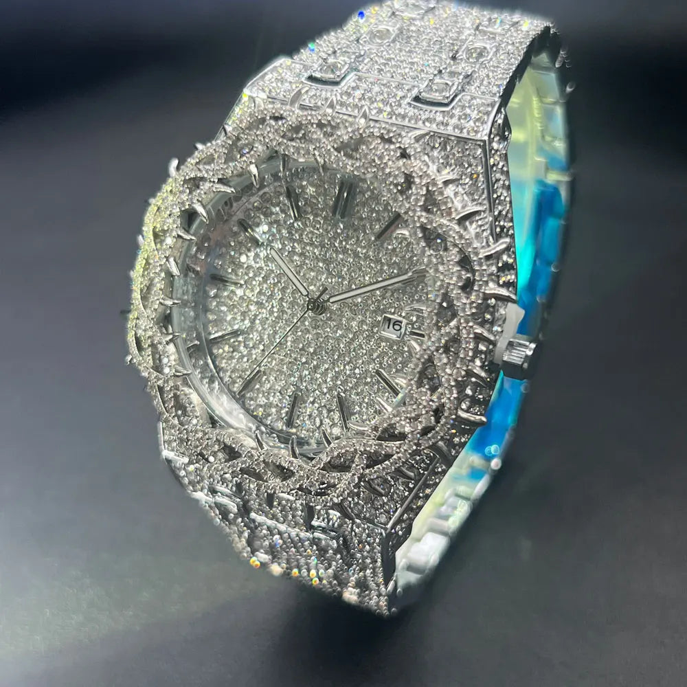Silver iced diamond men's wristwatch by Lamp Post featuring a luxury thorn crown design and quartz movement for fashion-forward style.
