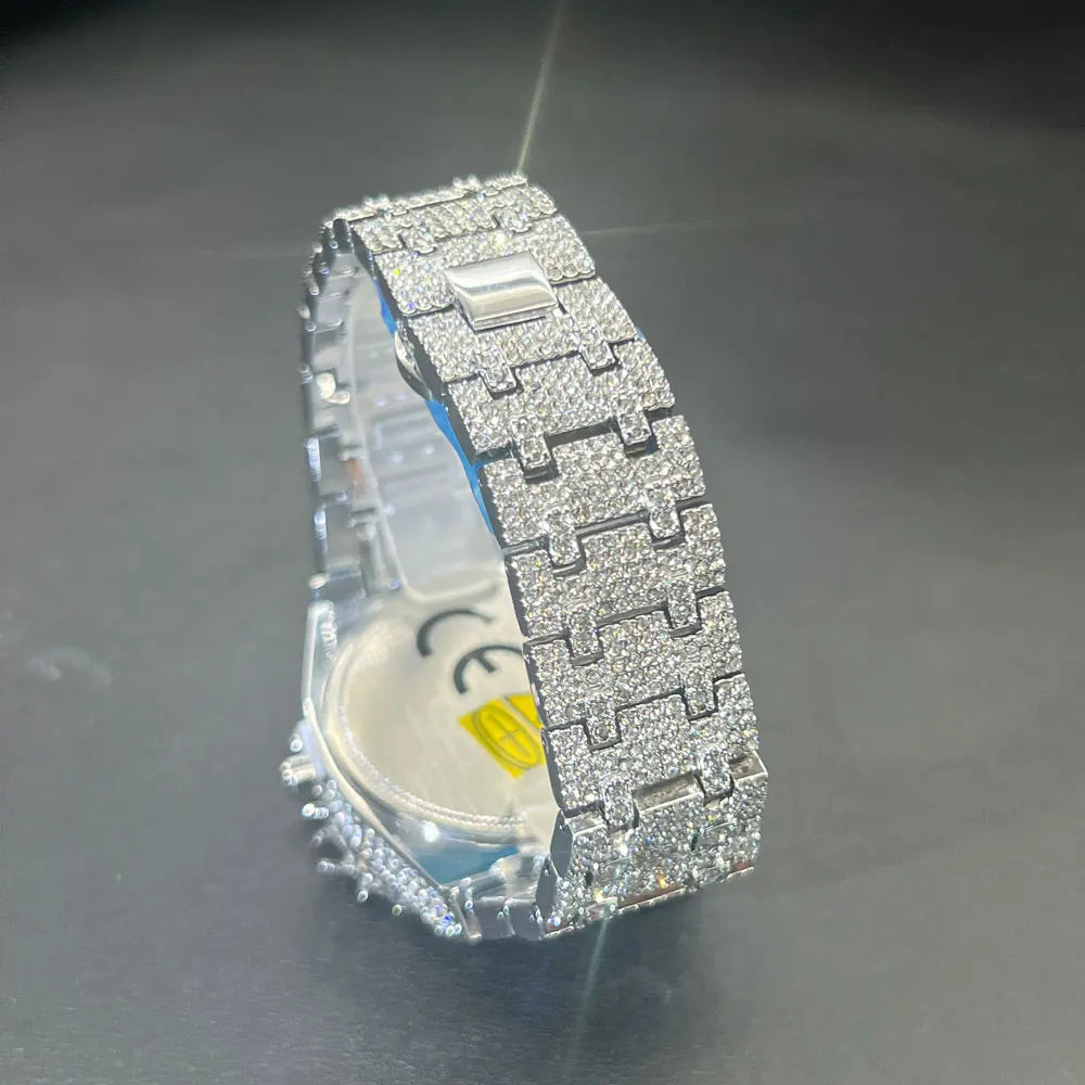 Silver men's wristwatch by Lamp Post featuring iced diamonds, thorn crown design, quartz movement, luxury fashion, and hip-hop style.
