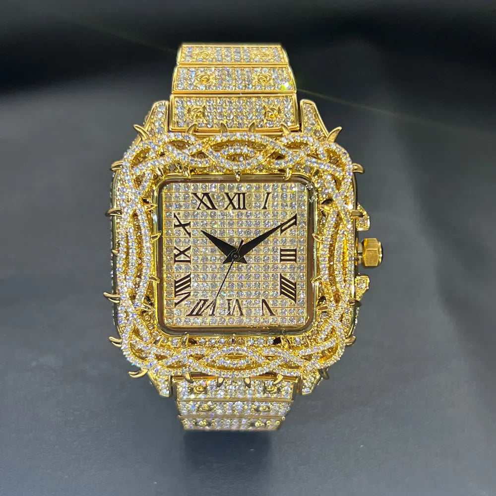 Luxury gold square men's wristwatch by Lamp Post featuring diamond accents, skeleton design, and sky star motif in a modern fashion style.