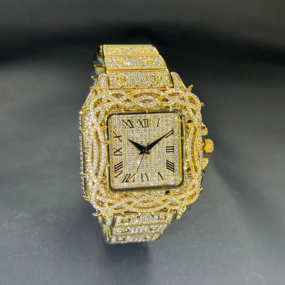 Luxury men's gold square skeleton watch by Lamp Post with diamond accents, sky star design, and quartz movement.