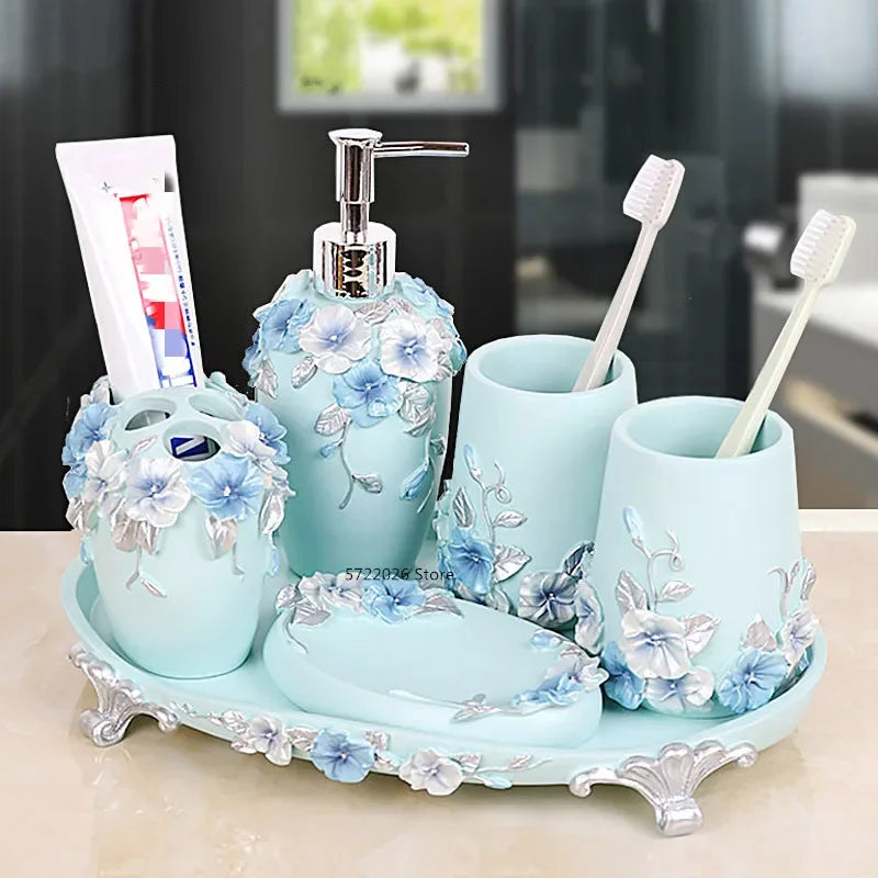 Modern Lamp Post bathroom accessories set with flower toothbrush holder, soap dispenser, tissue box, and matching tray for bathroom decor.