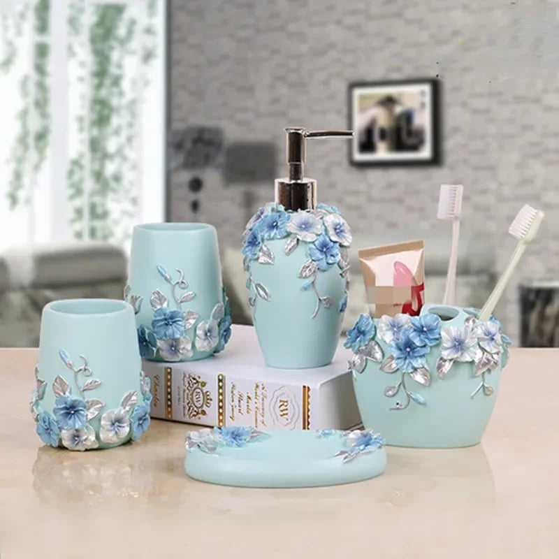 Modern Lamp Post bath accessories set with flower toothbrush holder, soap dispenser, tissue box, and tray for bathroom decor.