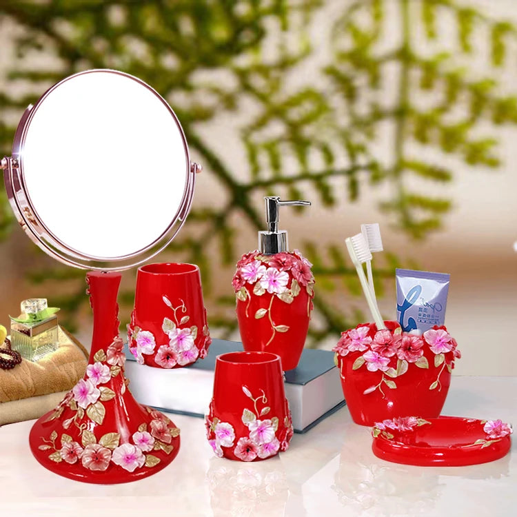 Modern Lamp Post bath accessories set with flower toothbrush holder, soap dispenser, tissue box, and tray for stylish bathroom decor.