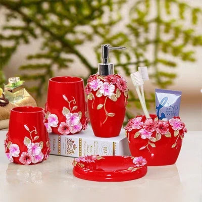 Modern Lamp Post bath accessories set with flower-themed toothbrush holder, soap dispenser, tissue box, and tray for bathroom decor.