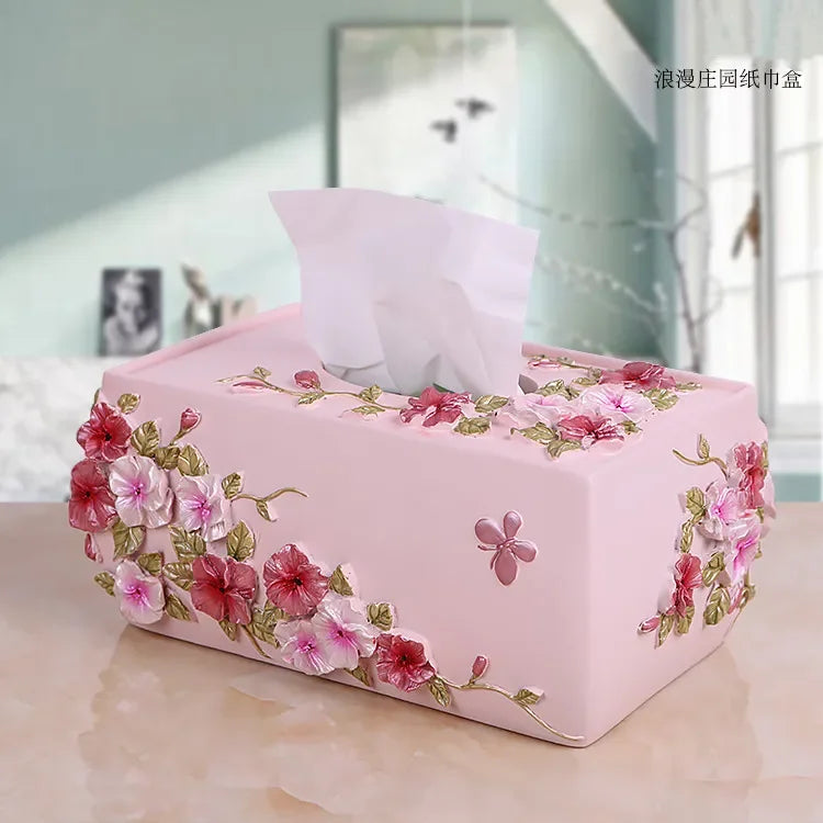 Modern Lamp Post bath accessories set with flower toothbrush holder, soap dispenser, tissue box, and tray for bathroom decoration.