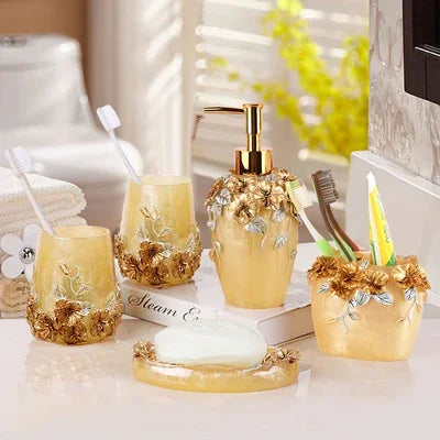 Modern Lamp Post bath accessories set with flower toothbrush holder, soap dispenser, tissue box, and tray for bathroom decor.