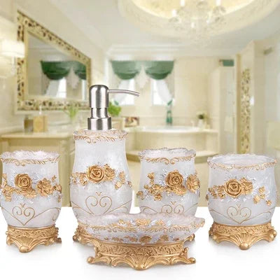 Modern Bath Accessories Set by Lamp Post with flower toothbrush holder soap dispenser and tray for bathroom decor.