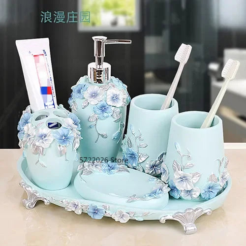 Modern Lamp Post bathroom accessories set with flower toothbrush holder, soap dispenser, tissue box, and tray for bathroom decor.
