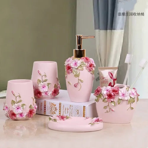 Modern Lamp Post bath accessories set with flower toothbrush holder, soap dispenser, tissue box, and tray for bathroom decor.