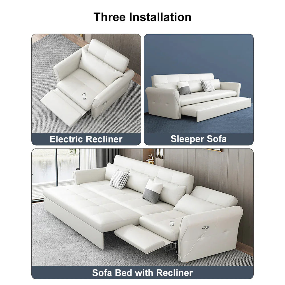 Light gray modern leather 3-seater sectional sofa bed with hidden storage and USB charging, designed for stylish living rooms.
