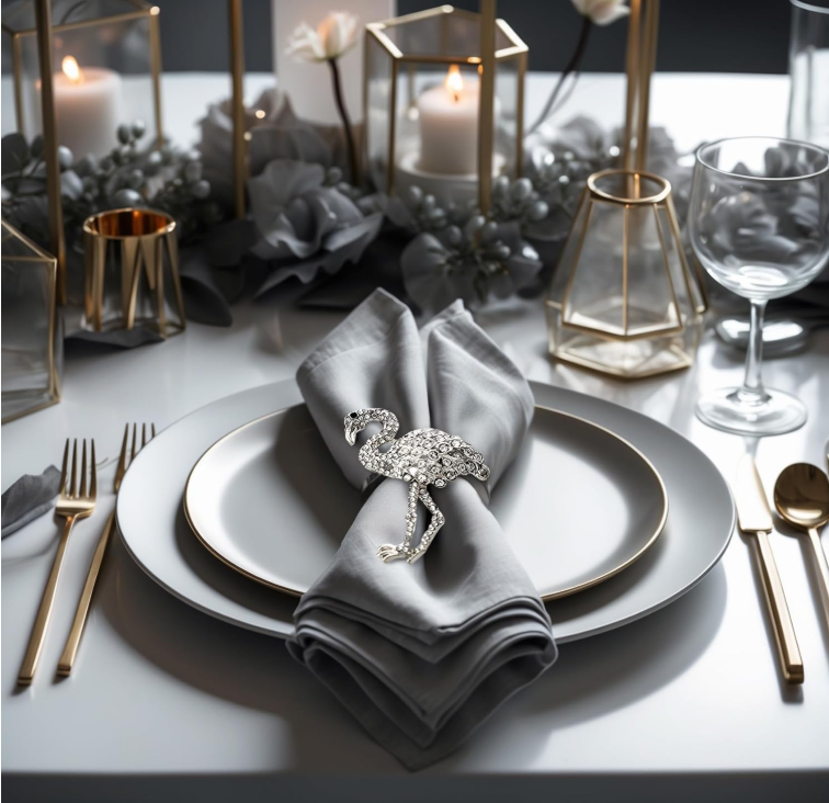 Set of 4 gold Lamp Post napkin rings with festive holiday and wedding-themed designs for elegant table decor.