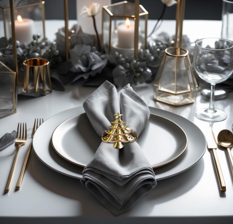Set of 4 gold Lamp Post napkin rings with festive holiday and wedding-themed designs for elegant table decor.