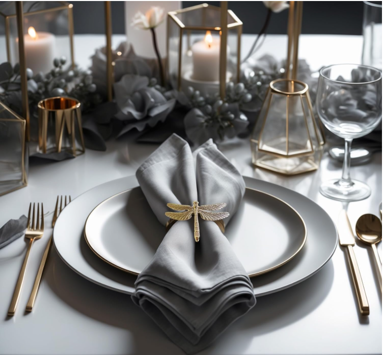 Set of 4 gold Lamp Post napkin rings with Christmas tree design for festive table decor, weddings, and holiday celebrations.