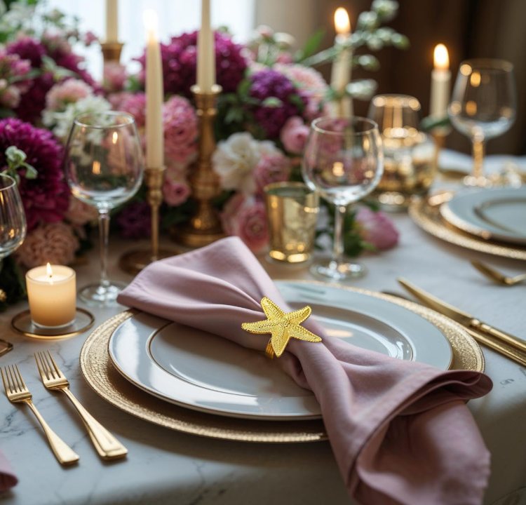 Set of 4 gold Lamp Post napkin rings with Christmas tree design, ideal for festive table decor and special occasions.