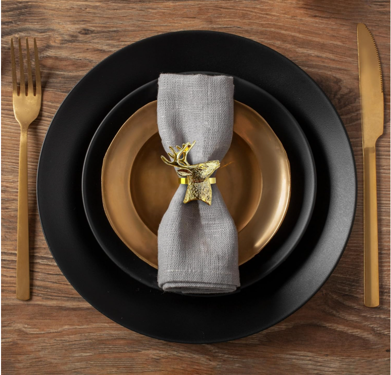 Set of 4 gold Lamp Post napkin rings for festive holiday, wedding, birthday table decor, perfect for kitchen and home celebrations.