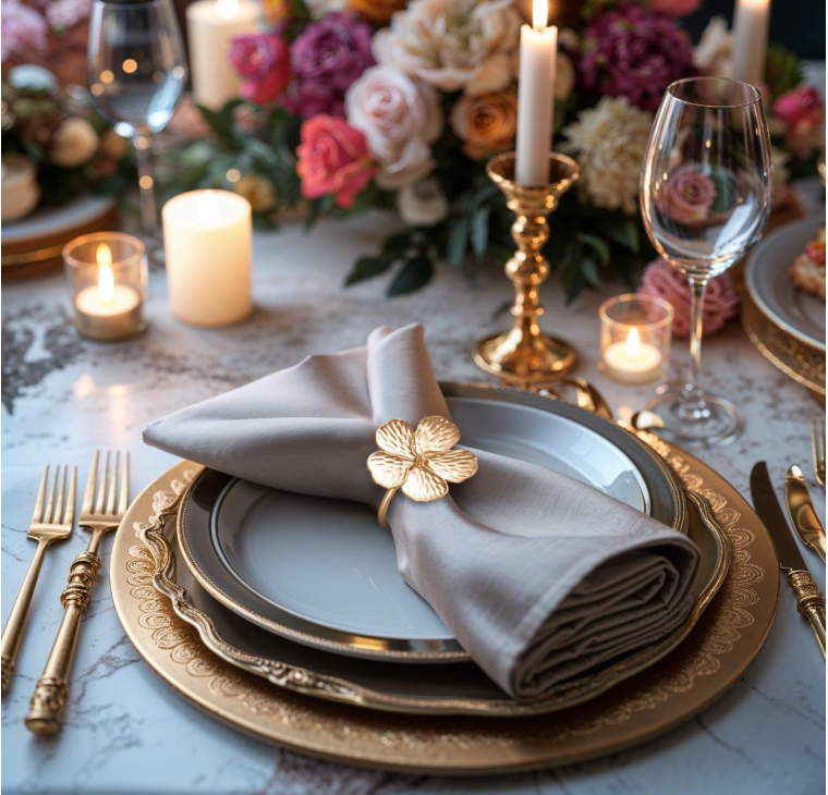Set of 4 gold Lamp Post napkin rings with Christmas tree design, perfect for festive table decor for holidays, weddings, and celebrations.