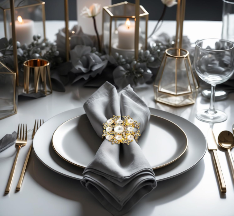 Set of 4 gold Lamp Post napkin rings with Christmas tree design, ideal for festive table decor for holidays, weddings, and special occasions.