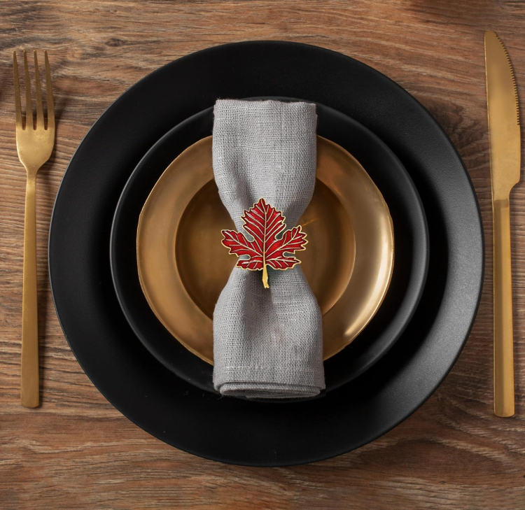 Set of 4 gold Lamp Post napkin rings with Christmas tree design, ideal for festive holiday, wedding, or birthday table decor.