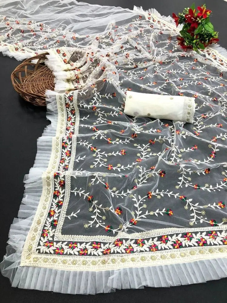 Indian saree with traditional embroidery and printing by Lamp Post, showcasing intricate craftsmanship and elegant design.
