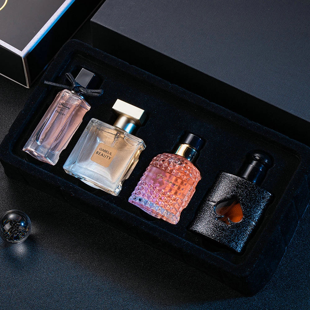 Set of four Lamp Post perfume for women with best-smelling fragrances, featuring elegant bottles and floral-inspired designs.